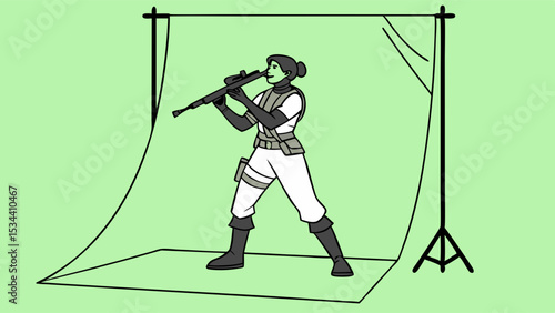 Young woman in tactical gear holding a rifle, aiming for a studio photoshoot. Female model posing on green screen.