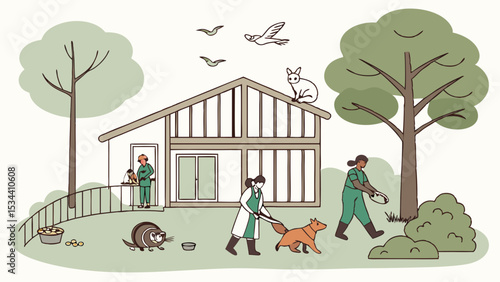Animal care and veterinary services at home. People helping pets and wildlife in a natural outdoor environment.