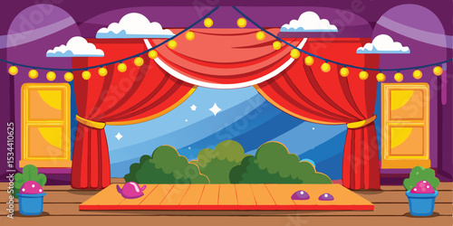 Colorful theatrical stage illustration featuring curtains, lights, and a beautiful backdrop