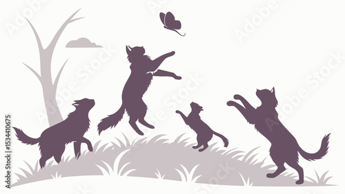 Playful wolf pack and cute pups jumping to catch a butterfly in nature. Wild animal family having fun outdoors.
