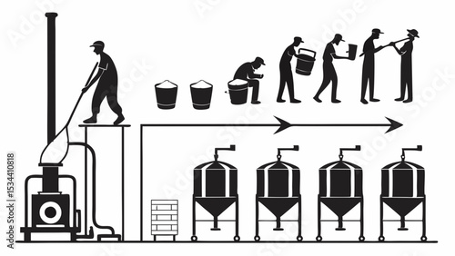 Brewery production process Man stirring a large vat with workers and fermentation tanks showing beer making steps