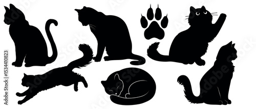 Vector art of a collection of sleek black cat silhouettes, isolated on white background, showcasing various poses and a paw print