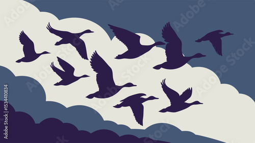 Flock of geese flying in V-formation through clouds. Bird migration, freedom, journey, teamwork, leadership concept.