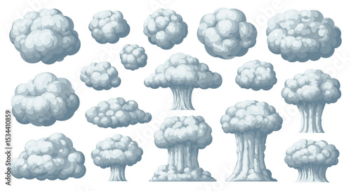 A Collection of Pixelated Cartoon Cloud Illustrations with Different Shapes and Sizes