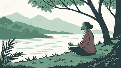 Peaceful woman meditating by a river in nature. Serene landscape illustration for mindfulness, relaxation, and wellness.