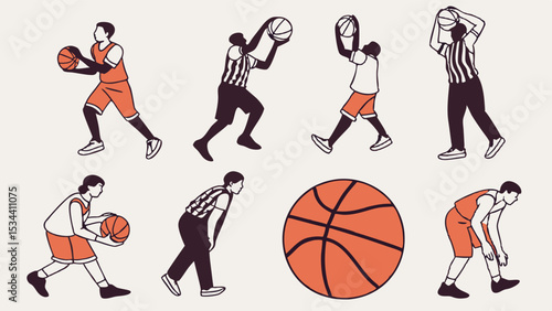 Basketball players and referee in action poses. Sport game athletes with basketball. Team sports and training illustration set.