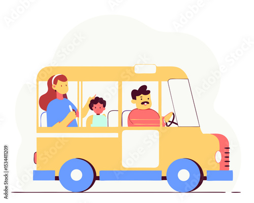 Cute Yellow School Bus with Mustached Driver: Kids Studying and Talking Onboard | Isolated Vector Illustration