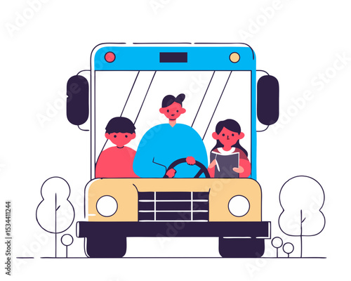 Cute Yellow School Bus with Mustached Driver: Kids Studying and Talking Onboard | Isolated Vector Illustration