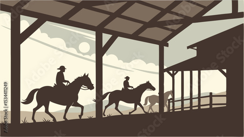 Horseback riding adventure at a western ranch. Silhouettes of riders on horses leaving a barn in the countryside.