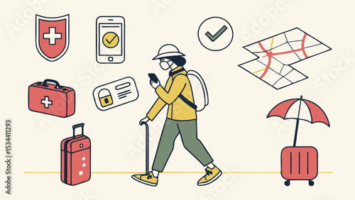 Travel preparation and safety. Traveler with health pass on phone, map, insurance, medical kit, and luggage icons.