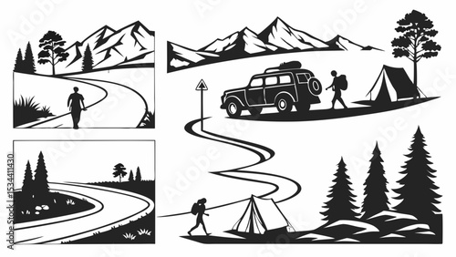 Outdoor adventure travel set. Mountain landscape, forest trees, winding road, hiking, camping tent, and off-road car journey.