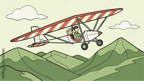 Female pilot flying an ultralight aircraft over scenic green mountains adventure freedom and travel concept