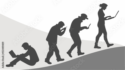 Digital technology evolution. People using phones and laptops, walking uphill. Internet addiction, screen time, modern life, posture.