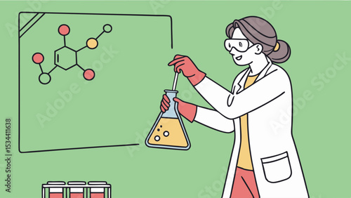 Female scientist working in lab. Woman researcher conducting chemistry experiment with flask. Science research and development.