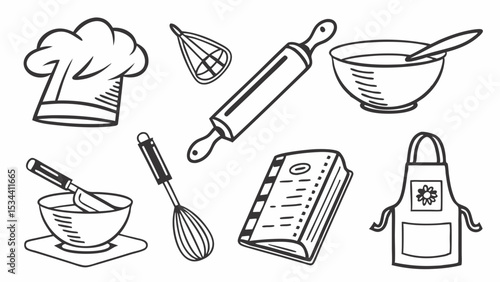 Kitchen cooking and baking tools collection. Chef hat, apron, cookbook, whisk, rolling pin, bowls. Culinary utensils. Black and white.
