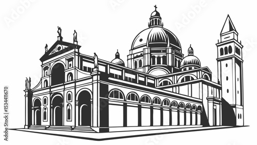 Venice Santa Maria della Salute church. Historic Italian landmark building. Black and white vector illustration art.
