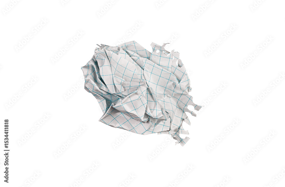 Obraz premium A crumpled checkered paper sheet on a white background fits educational themes. Its wrinkled grid adds realism for recycling lessons or math errors.