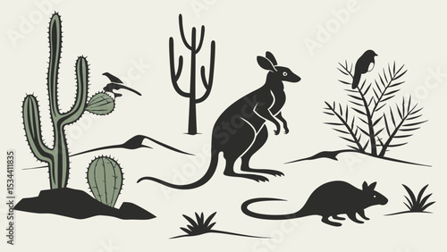 Desert wildlife silhouettes with kangaroo, birds, and rodents among cacti and arid plants. Wild nature landscape.