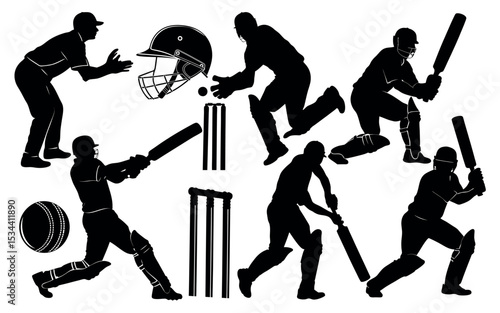 Vector art of a dynamic set of vector silhouettes captures the intensity of cricket players in action, isolated on white background