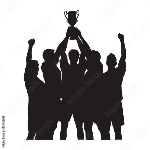 silhouette of football players celebrating with trophy 