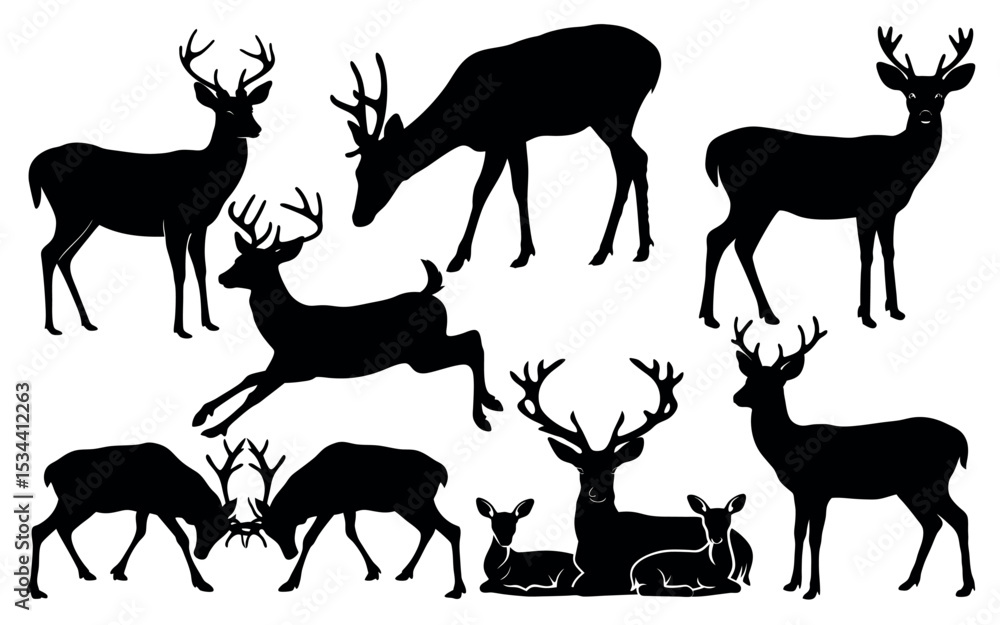 Fototapeta premium Vector art of a collection of majestic deer silhouettes, isolated on white background, showcasing various poses and antler sizes in elegant black vector art