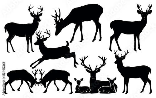 Vector art of a collection of majestic deer silhouettes, isolated on white background, showcasing various poses and antler sizes in elegant black vector art