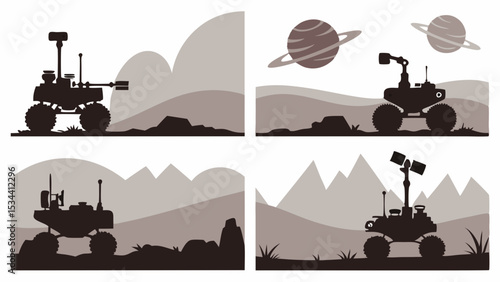 Mars Rover Space Exploration Robots Silhouette Set. Science Technology Research Astronomy Mission on Alien Planet Landscape.
