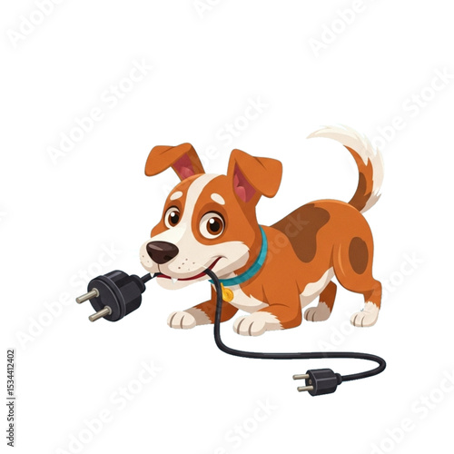 Puppy pulling power plug, symbolizing danger or mischief.