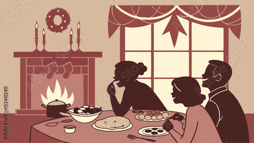 Family Christmas dinner celebration at home. Happy people enjoying festive holiday meal by fireplace.