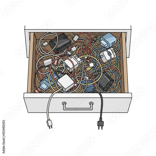 Drawer full of tangled wires and tech gear, symbolizing clutter.