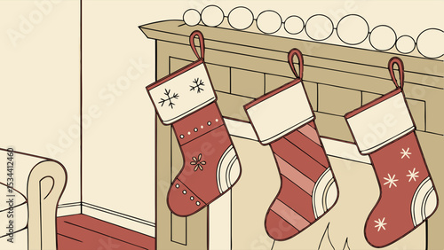 Classic Christmas stockings hanging on a fireplace mantel for cozy holiday decoration and festive winter season