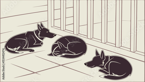 Black rescue dogs resting in an animal shelter kennel, waiting for adoption and a new home.