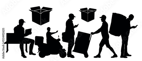 Vector art of a stark black and white vector illustration shows delivery workers in various stages of their workday, isolated on white background