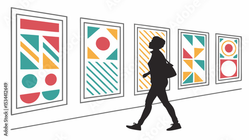 Person walking in modern art gallery viewing colorful abstract geometric artworks. Art exhibition, creative design, culture, inspiration.