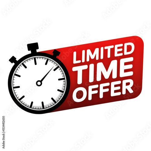 Red limited time offer label with stopwatch isolated on transparent background