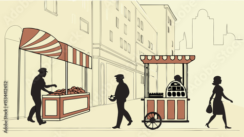 Traditional street food vendors selling snacks on a city street. People buying and walking. Urban market illustration.