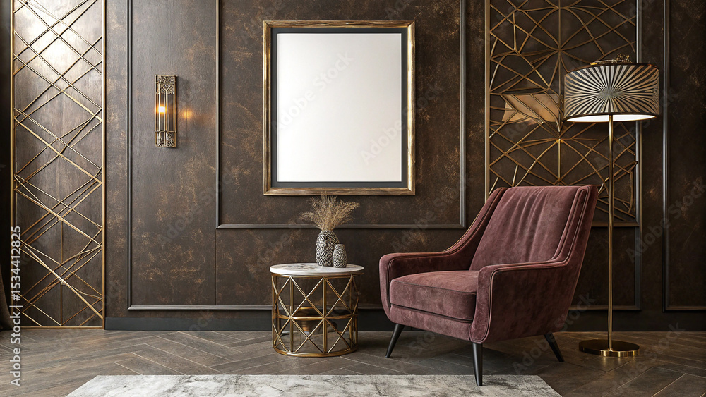 Obraz premium Chic Living Room with Plush Chair Gold Accents and Modern Decor Highlighting a Blank Canvas for Endless Creativity