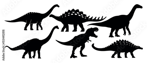 Vector art of silhouettes of five dinosaurs, isolated on white background, showcasing a trex, stegosaurus, ankylosaurus, and two brachiosaurs