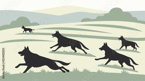 Pack of wolves or dogs running across a field in nature. Wild canines in pursuit, showing speed and power in the wilderness.