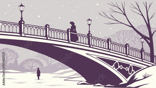 Snowy winter park bridge with a woman and man. Cold weather scene, solitude and separation.