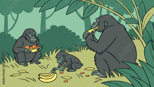 Gorilla family eating fruit in the wild jungle. Three primates enjoying healthy food in their natural habitat.