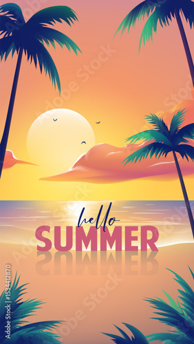 Summer vertical promotional illustrations for palm trees and beaches