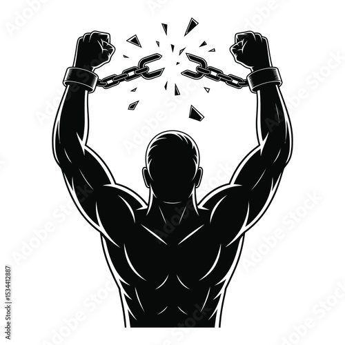 Bold black and white silhouette of a man breaking free from chains, symbolizing liberation and inner strength