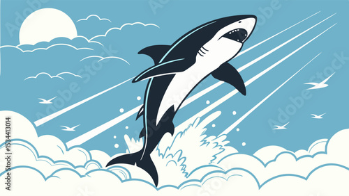 Great white shark jumping high out of the water into the blue sky with sun and clouds. Power, freedom, success concept.