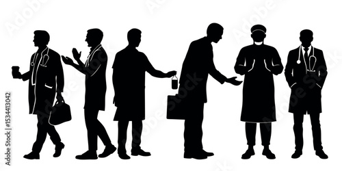Vector art of a series of silhouetted doctors, isolated on white background, exchanging briefcases and hand sanitizer, conveying a sense of urgency and teamwork