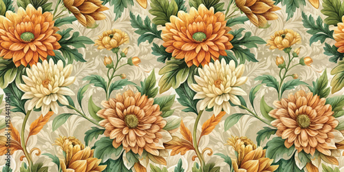 A vibrant floral pattern featuring orange and cream chrysanthemums.