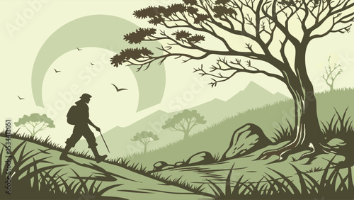 Hiker walking on a scenic nature trail. Man with backpack exploring outdoor mountain landscape adventure journey.