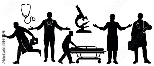 Vector art of a team of doctors, isolated on white background, rushing to aid a patient on a stretcher, with medical equipment nearby