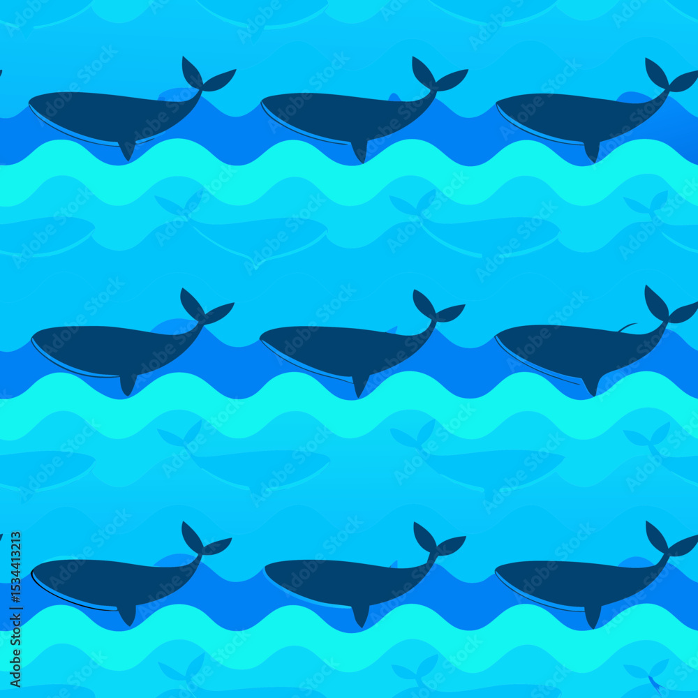 Obraz premium Stylized pattern of whales swimming in turquoise waves on a blue background