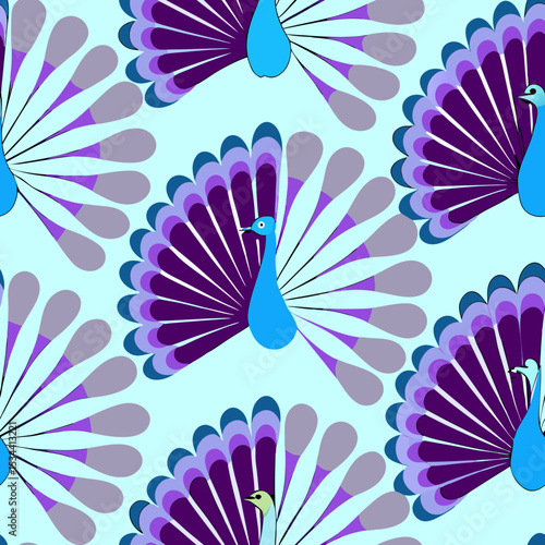 Colorful peacocks fanning their feathers in a whimsical design on a light blue background